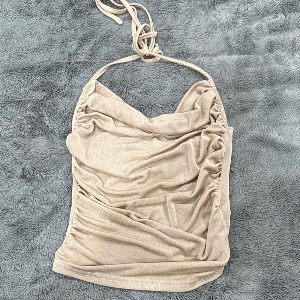 SHEIN Tan Ruched Tie Front Sleeveless Tank Top
